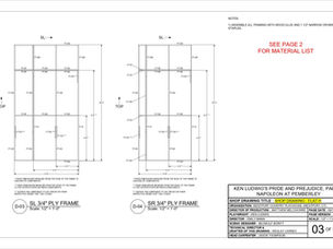 Pride and Prejudice, Part Two Flat H Shop Drawing Sample (1)
A sample page from Wesley Carney's shop drawing for the "Flat H" set piece. This page features specifications for the flat's lumber frames.
Photo credits: Wesley Carney
