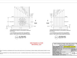 Pride and Prejudice, Part Two Balcony Shop Drawing Sample (4)
A sample page from Wesley Carney's shop drawing for the "Balcony" set piece. This page features specifications for the railings.
Photo credits: Wesley Carney
