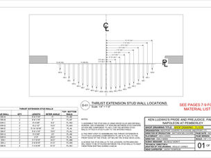 Pride and Prejudice, Part Two Floor Shop Drawing Sample (1)
A sample page from Wesley Carney's shop drawing for the set floor. This page features locations for stud walls to support the added-on thrust extension.
Photo credits: Wesley Carney