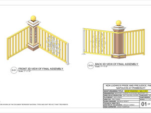 Pride and Prejudice, Part Two Balcony Shop Drawing Sample (1)
A sample page from Wesley Carney's shop drawing for the "Balcony" set piece. This page features 3D views of the final assembly.
Photo credits: Wesley Carney