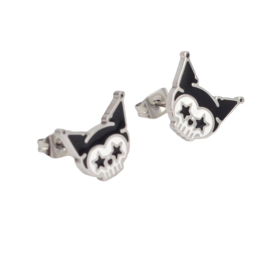 2D silver plated mask shaped stud earrings with black and white enamel
