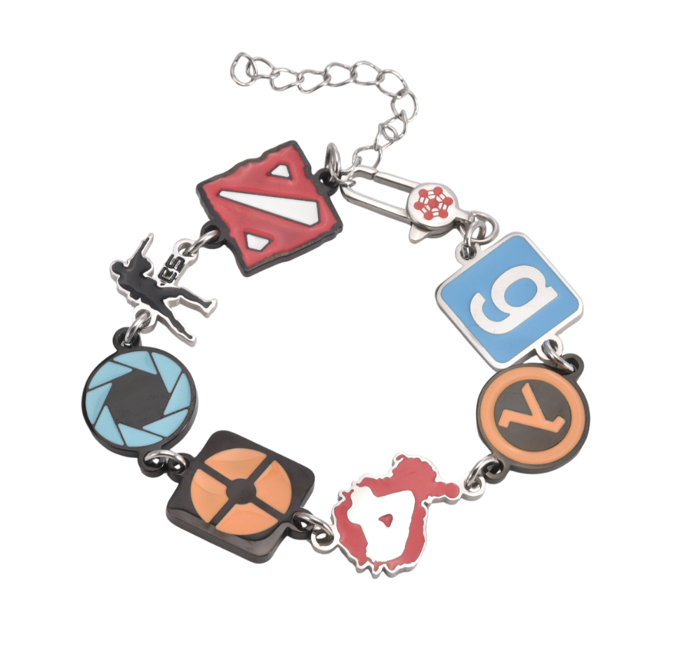 A 2D enamel charm bracelet with 6 different enamel charms and an enamel logo on the clasp