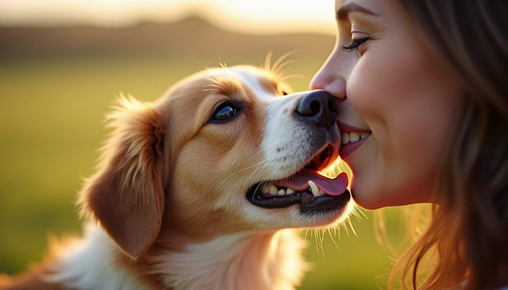 Close-up view of a dog licking a person's face outdoors