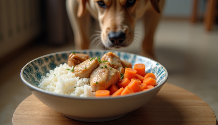 Eye-level view of a bowl with cooked chicken, rice, and carrots prepared as an emergency dog meal