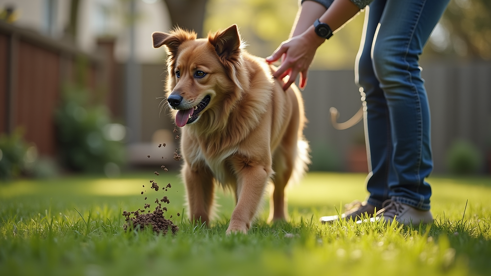Close-up view of a dog owner picking up dog waste in a backyard