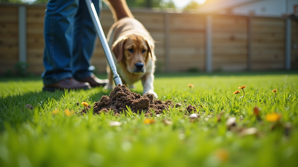 Eye-level view of a professional pet waste removal service worker cleaning a lawn