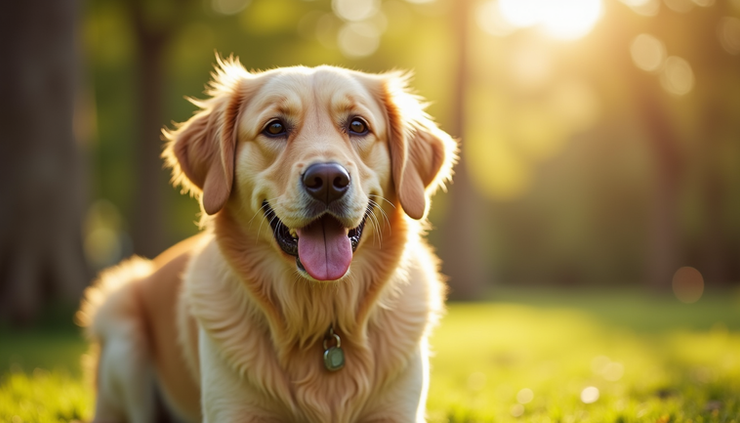 Eye-level view of a golden retriever sitting calmly in a sunlit park
