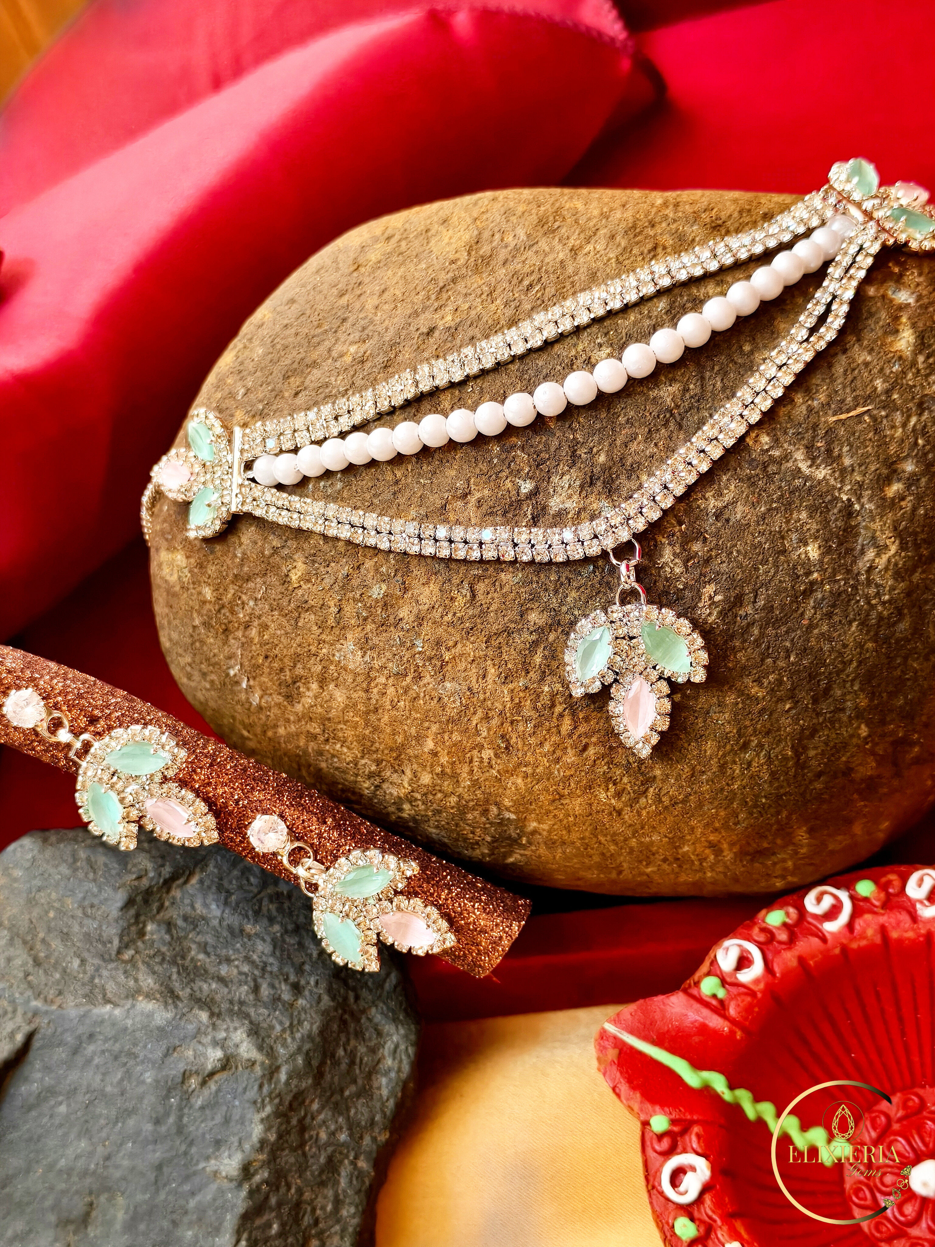 Silver Crystal Muted Green-Pink Necklace Set