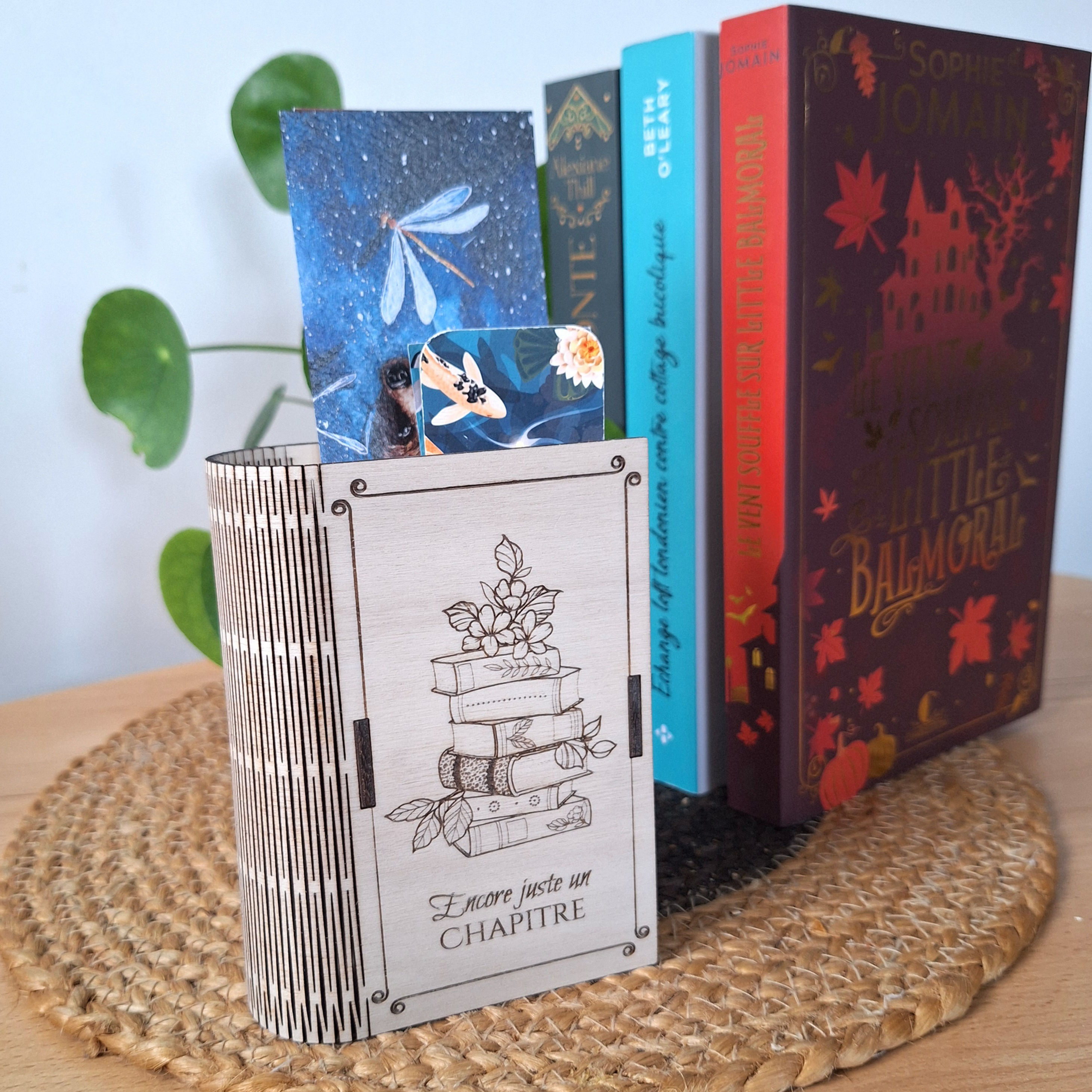 Pot pour Marque-pages, Livre bois PILE A LIRE FLEURIE