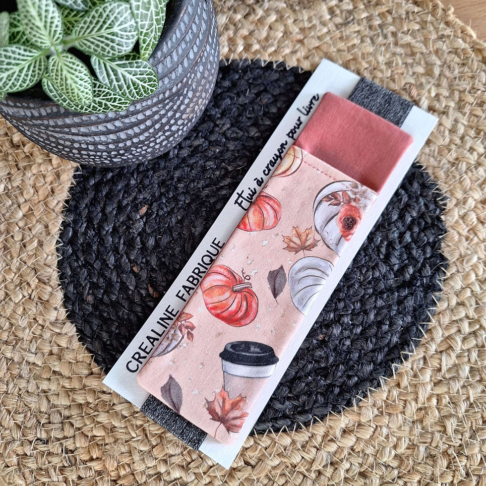 Miniature : Etui à stylo Tissu rose avec motif citrouille et café à emporté