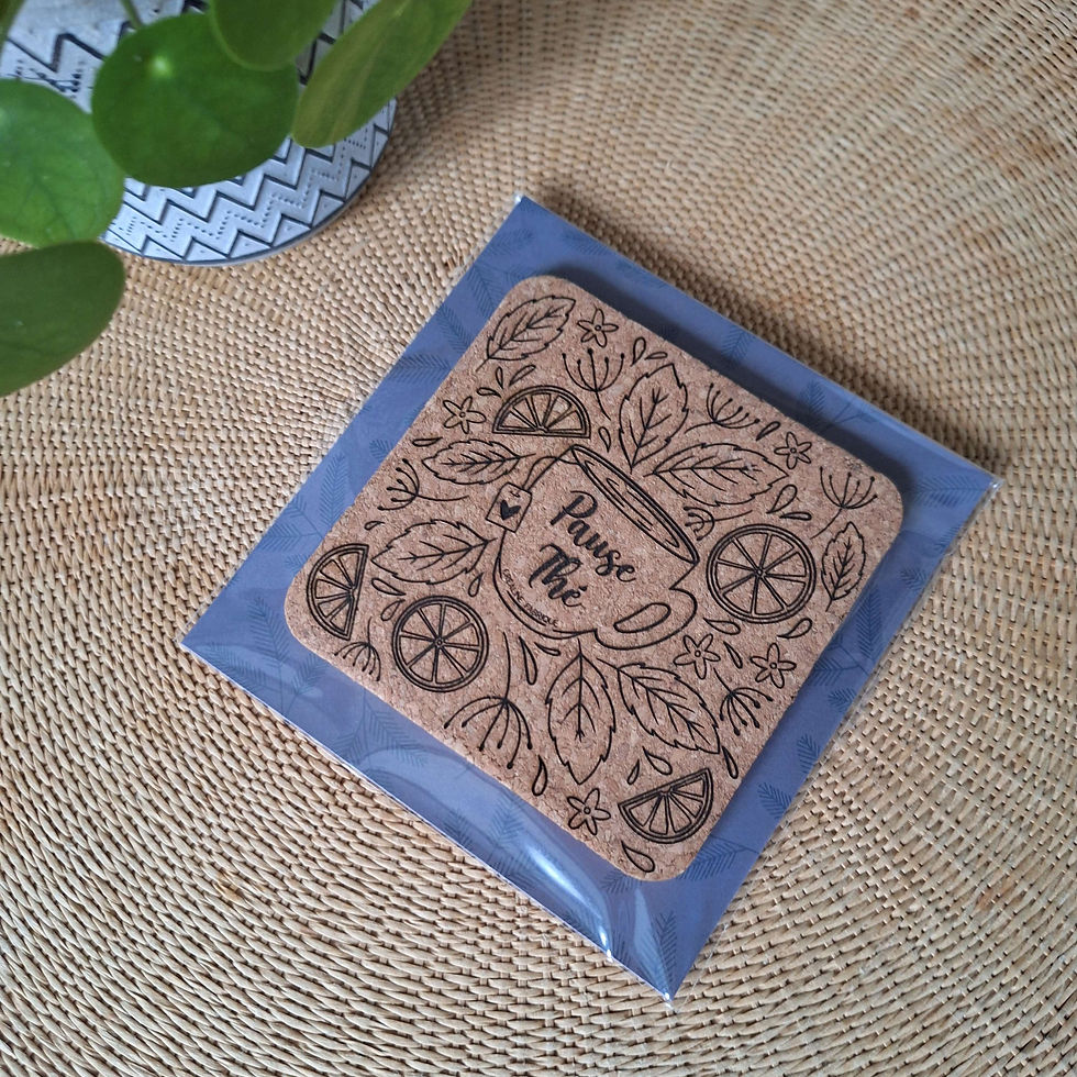 Miniature : Sous-verre en liège gravé fait main Motif tasse Pause Thé Feuilles et citron