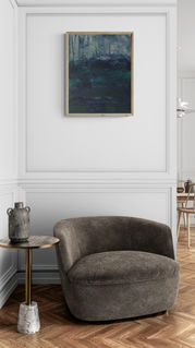 Abstract landscape shown in a Scandinavian living room.