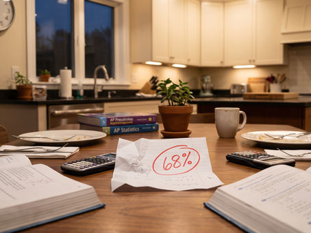 A close-up, first-person photograph taken from a parent's perspective looking across a wooden dinner table in a suburban home. The setting includes two places with finished dinner plates and forks. In the center foreground, a single, crumpled piece of white paper is clearly visible, showing a low '68%' score circled in thick red ink. Scattered around the table are open precalculus and algebra textbooks and a calculator. Beyond the window, it is twilight.