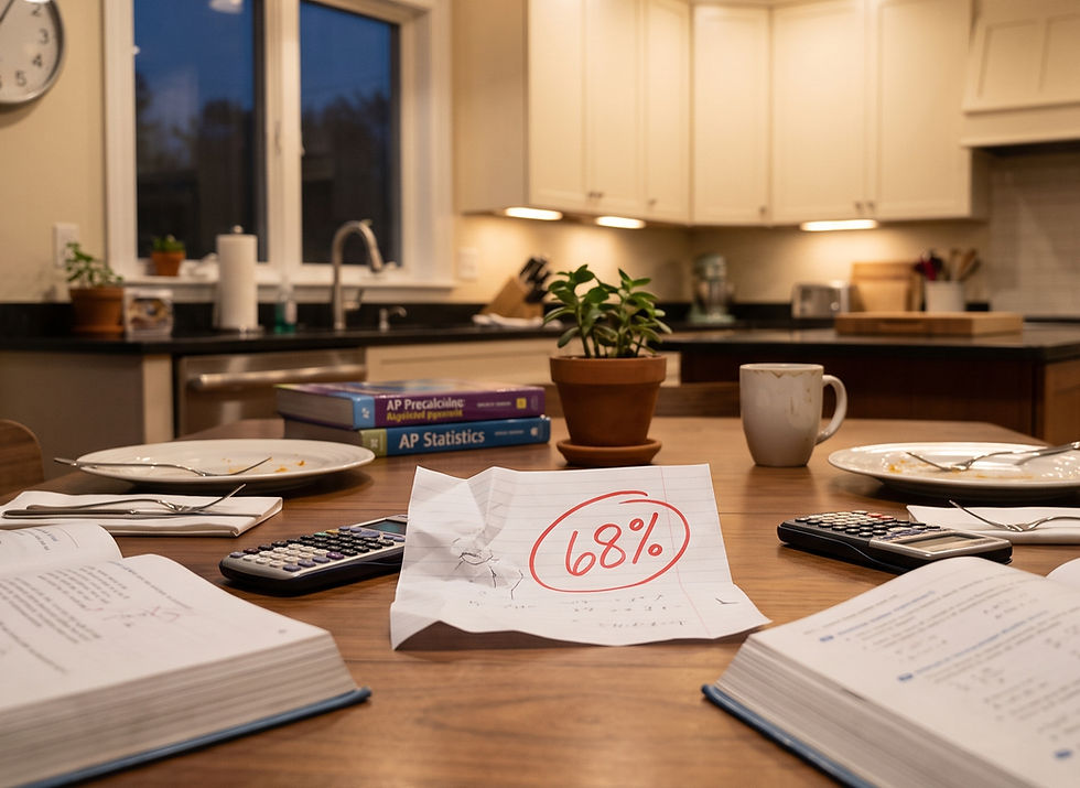 A close-up, first-person photograph taken from a parent's perspective looking across a wooden dinner table in a suburban home. The setting includes two places with finished dinner plates and forks. In the center foreground, a single, crumpled piece of white paper is clearly visible, showing a low '68%' score circled in thick red ink. Scattered around the table are open precalculus and algebra textbooks and a calculator. Beyond the window, it is twilight.