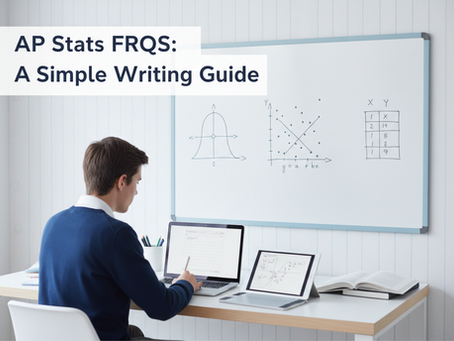 Student working on AP Statistics FRQs at a desk with a laptop, tablet, and a whiteboard showing graphs and a data table