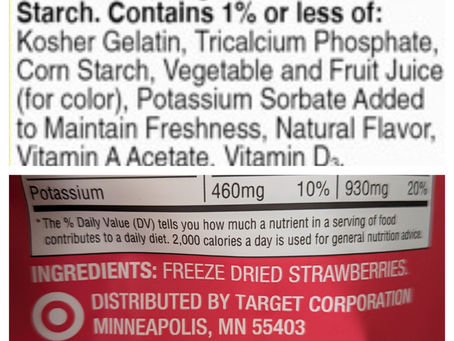 Comparison of two different ingredients to create strawberry flavor, one using "natural flavors" and one using just strawberries.