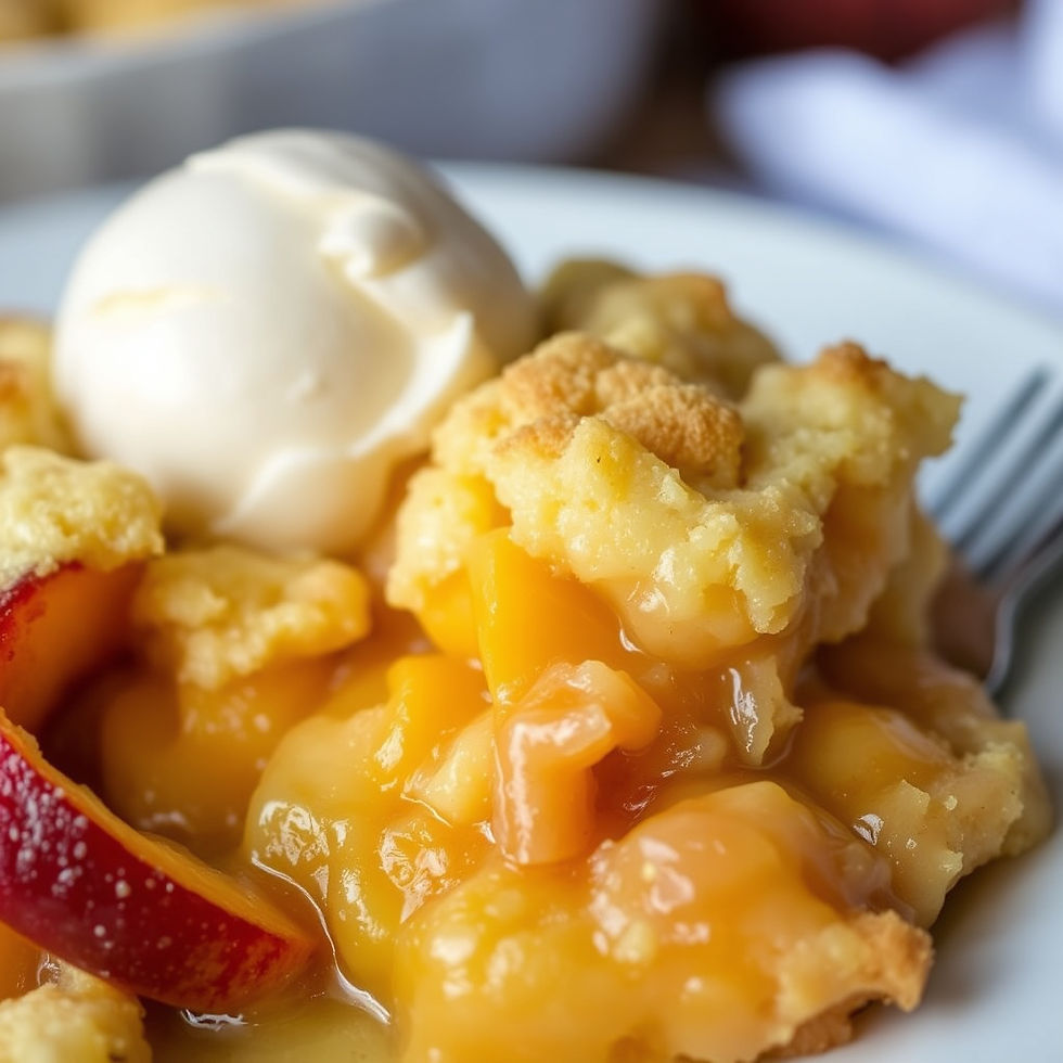 close up of peach cobbler with a scoop of ice cream