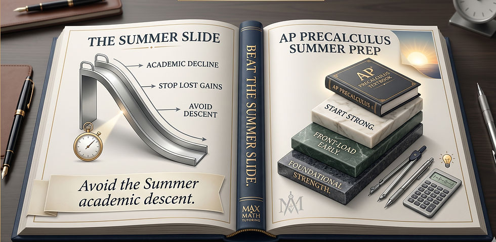 Open textbook-style AP precalculus summer prep ad on a desk, with slide graphic, books, calculator, clock, and study tools.