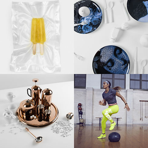 Stacy Suvino's exceptional prop styling expertise showcased in a captivating four-image grid, displaying imaginative and skillfully curated visual arrangements.
