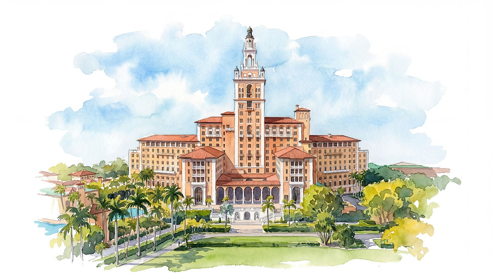 Watercolor illustration of the Biltmore Hotel wedding venue in Coral Gables, Miami with its iconic Mediterranean tower.