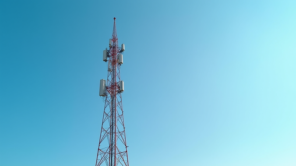 High angle view of a telecommunications tower against a clear blue sky