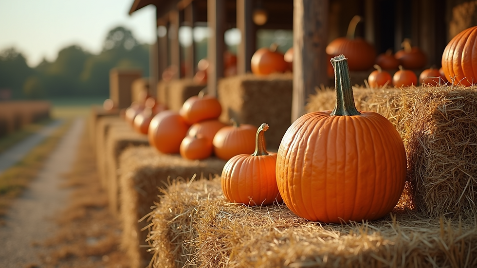 Eye-level view of a harvest display with pumpkins and hay bales