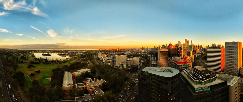 The Skyline of Melbourne Australia faceing south to show Albert Park Lake