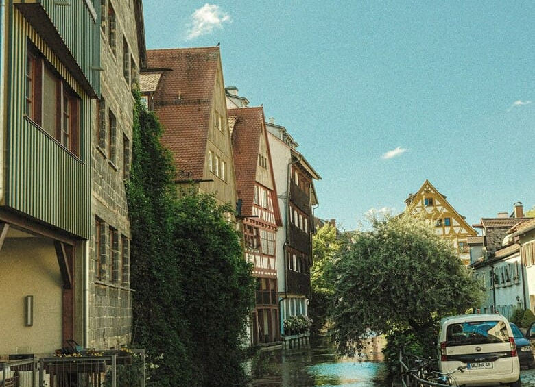 Вузька річка-канал між історичними будинками, один з яких густо вкритий зеленим плющем, у Рибальському кварталі Ульма.