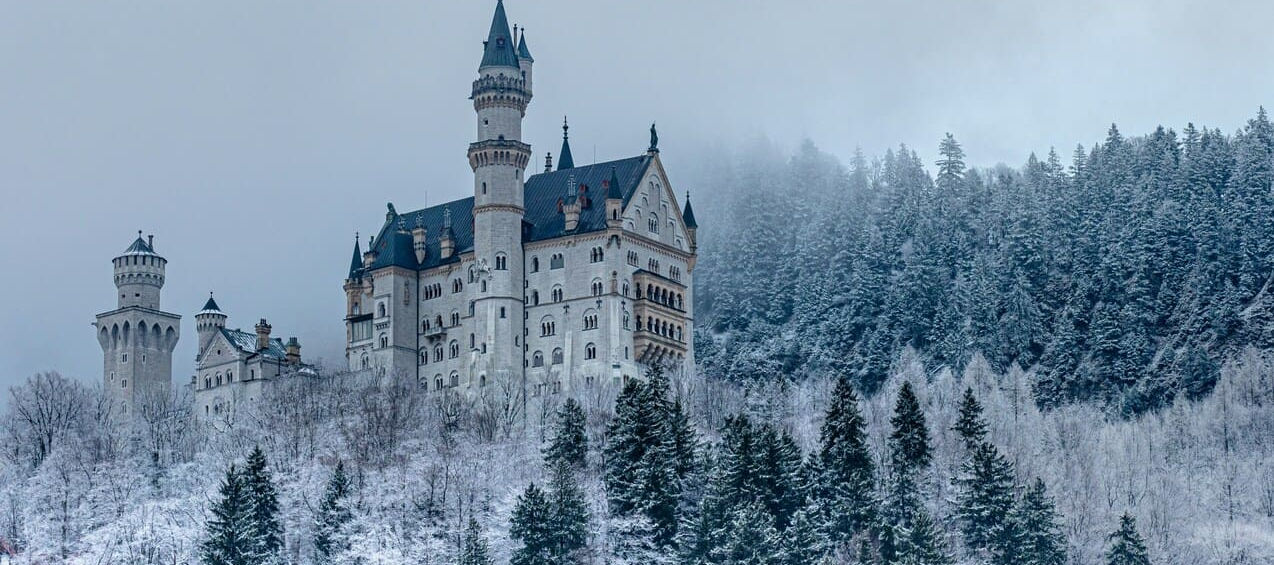 Замок Нойшванштайн та навколишній ліс, повністю вкриті білим снігом у морозний день.