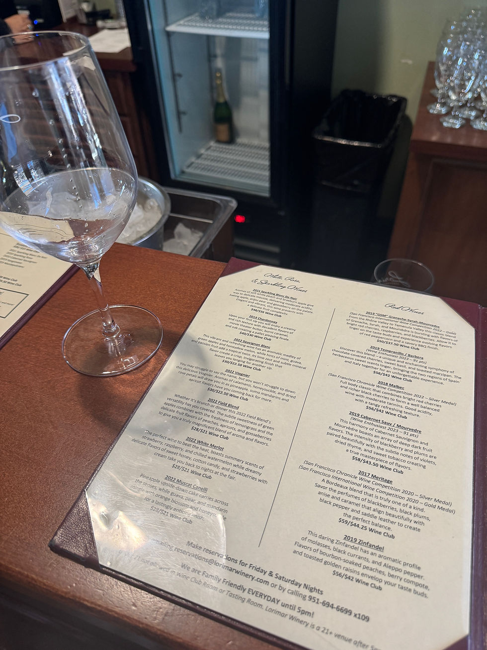 A wine list at Lorimar Winery