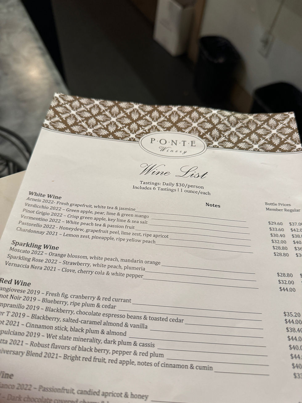 A wine list for Ponte Winery