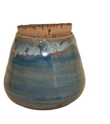 Reduction fired blue cork lidded pot.png