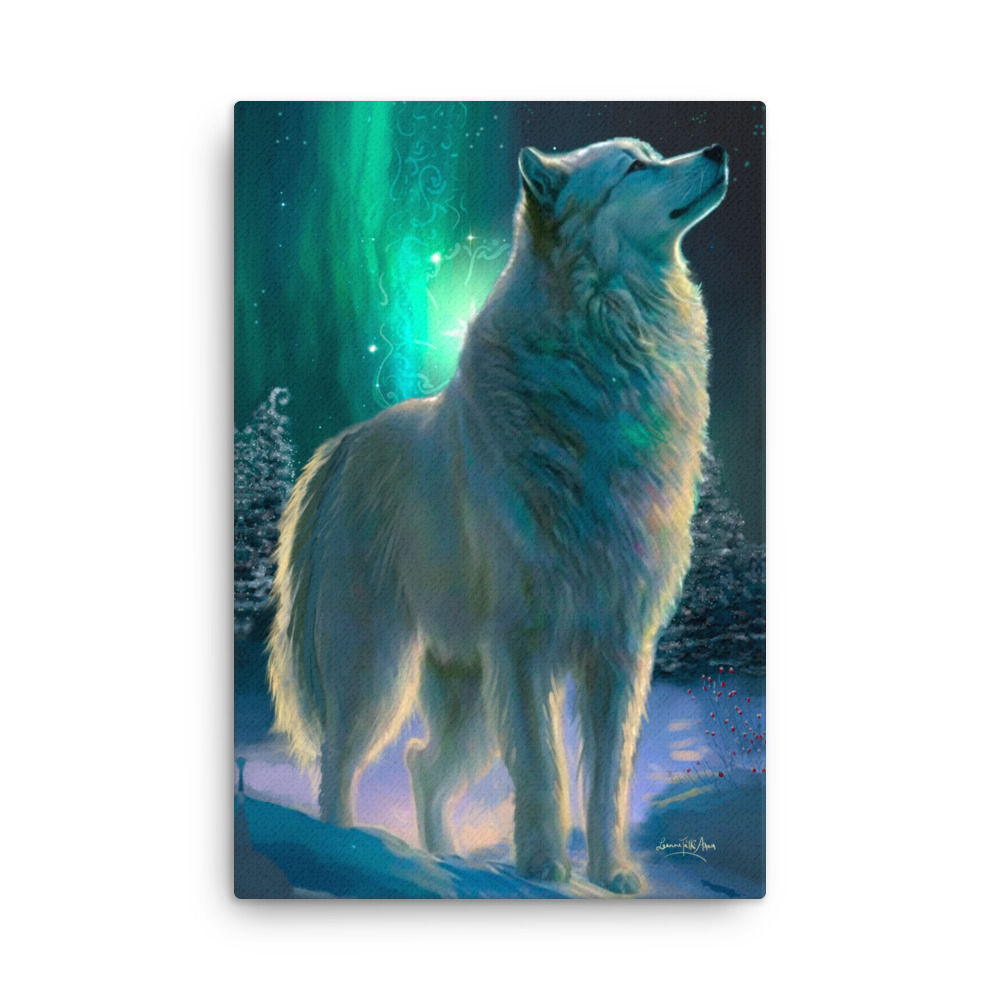 Faithful Friend Wolf in Snow with Aurora Slim Canvas Print
