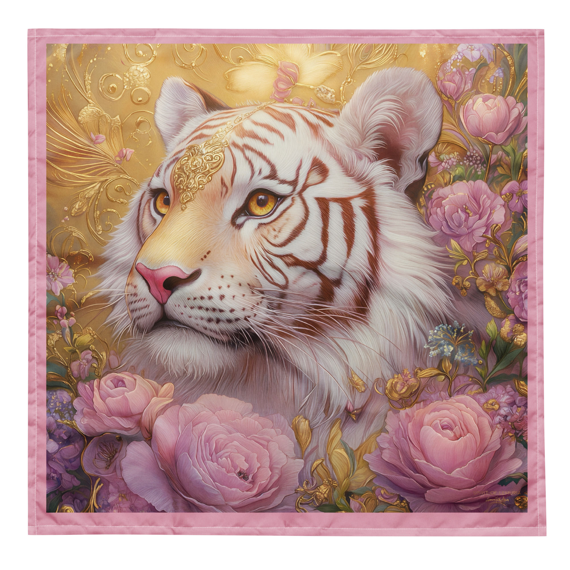 White Tiger, Roses and Gold Altar Cloth in pink and gold