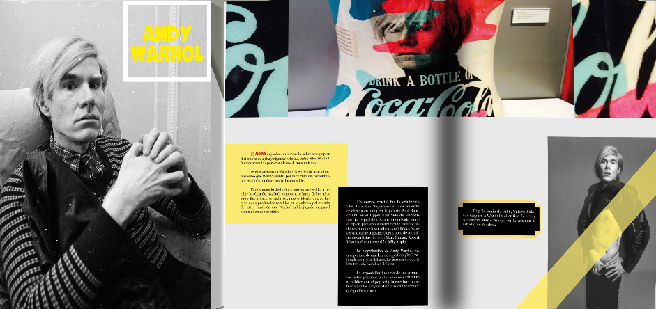 Diseño editorial creativo con referencia al arte pop de Andy Warhol en proyecto gráfico.