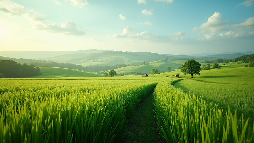 Wide angle view of a lush green farm landscape