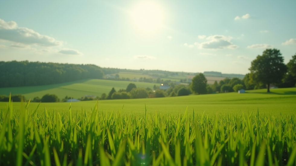 Wide angle view of a lush green farm landscape
