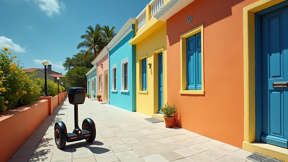 High angle view of a Segway parked near colorful Nassau buildings