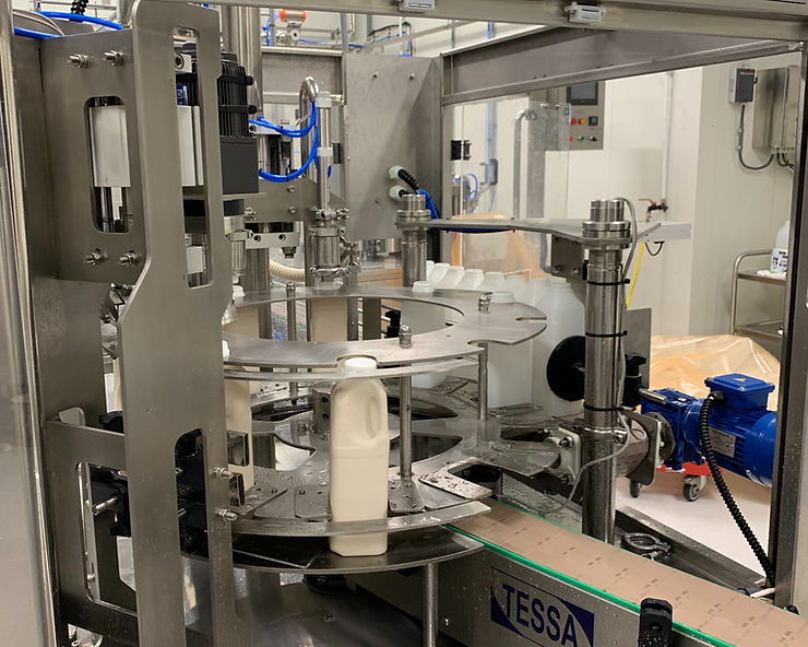 Automated milk bottling and packaging system for dairy processing.