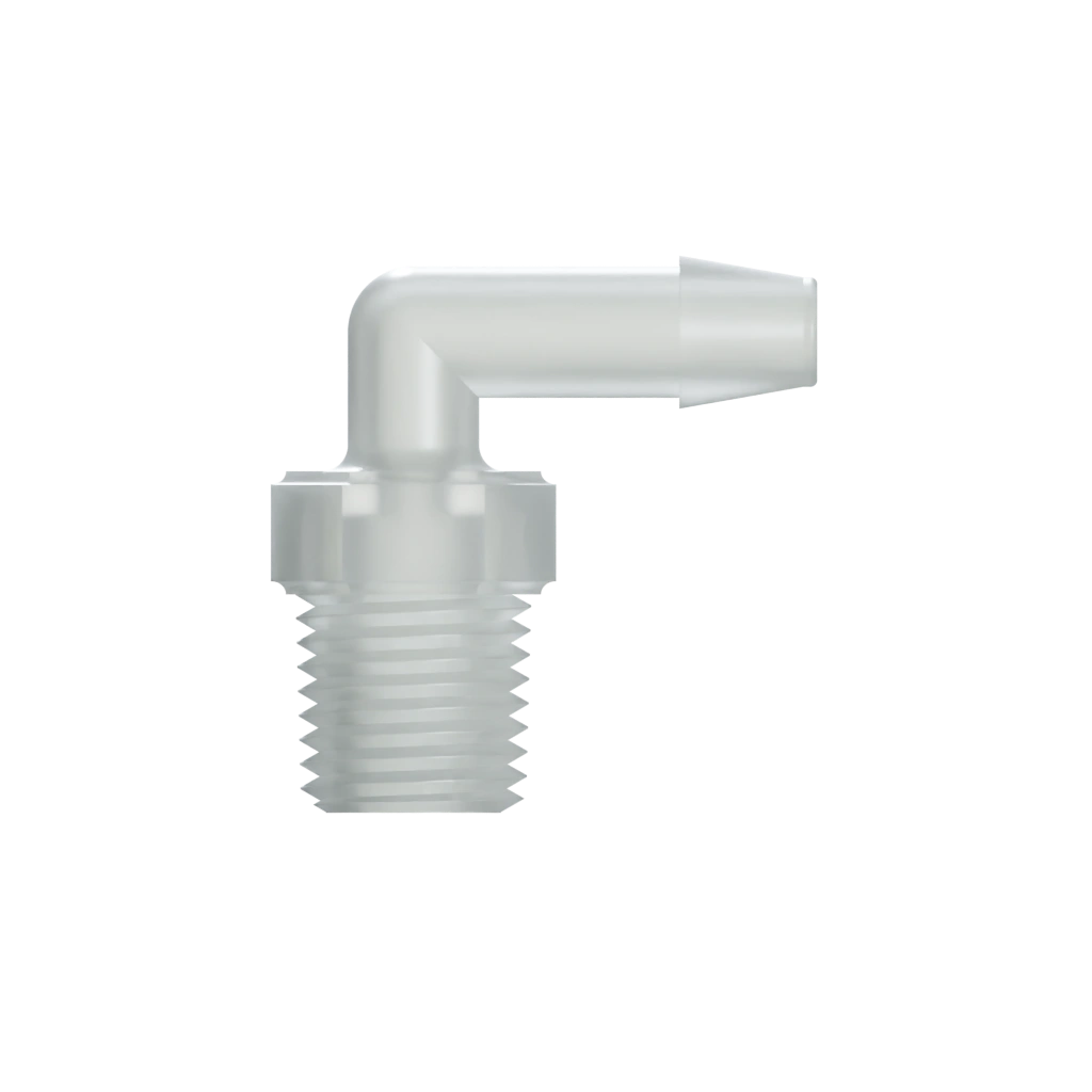 RACCORD EN L FILETAGE 1/4-18 NPT / BARB POUR TUBE ØI 6.4mm - PVDF