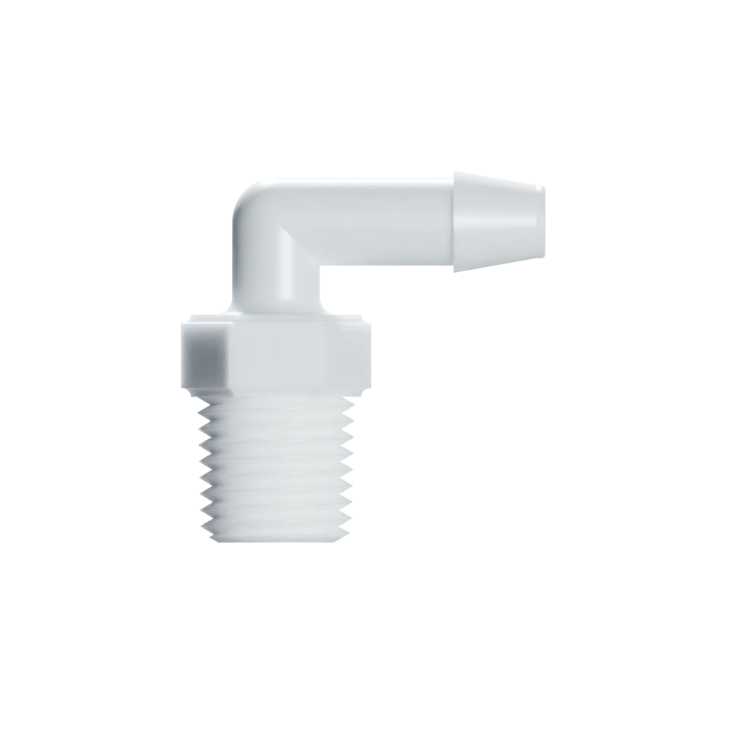 RACCORD EN L FILETAGE 1/4-18 NPT / BARB POUR TUBE ØI 6.4mm - PA BLANC