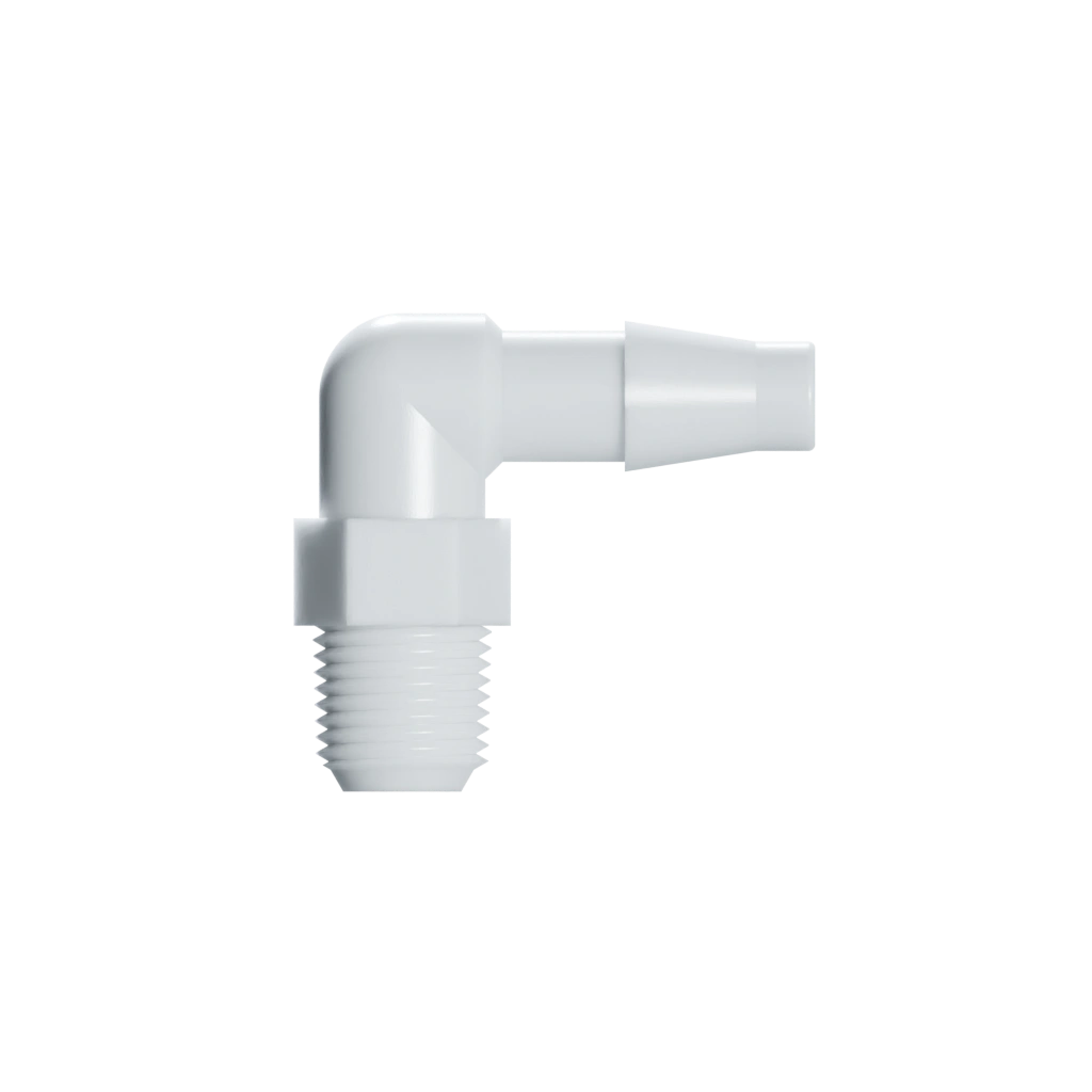 RACCORD EN L FILETAGE 1/8-27 NPT / BARB ØI 6.4mm - PA BLANC