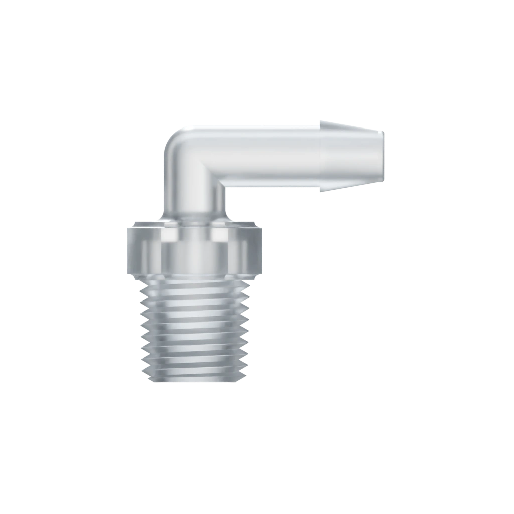 RACCORD EN L FILETAGE 1/4-18 NPT / BARB POUR TUBE ØI 6.4mm - PP