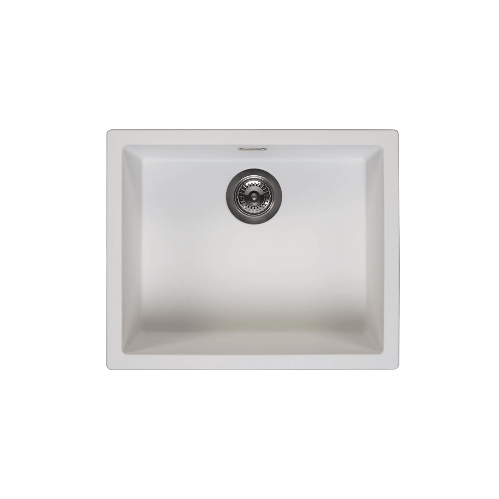 Reginox Amsterdam 50 rectangular single-bowl sink in White with chrome waste, top view
