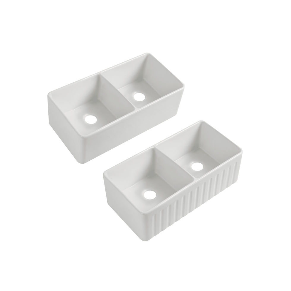 IKON Stratford IK125 white fireclay double butler sink from the Taranaki collection, shown with fluted and plain fronts