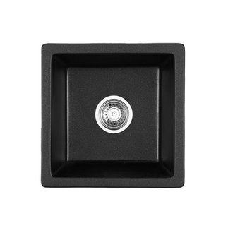 Acrylic-quartz kitchen sink, top view, with a single square basin and a round chrome strainer drain in the centre