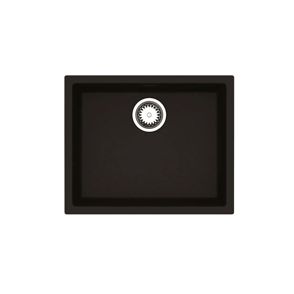 Reginox Amsterdam 50 rectangular single-bowl sink in Pure Black with chrome waste, top view