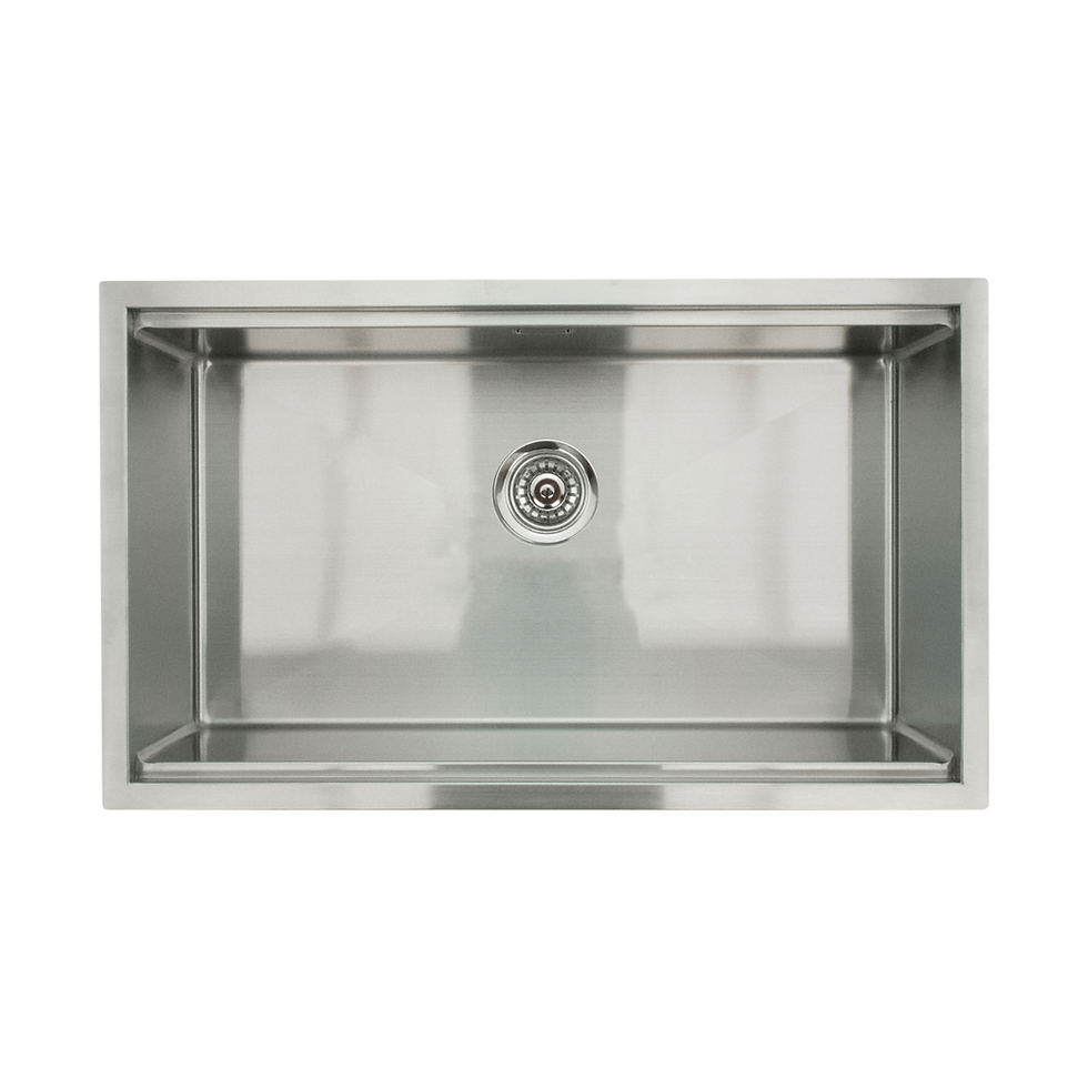 IKON Large Sink Station IK8750 in brushed stainless steel with single bowl, accessory ledge, overflow and basket waste