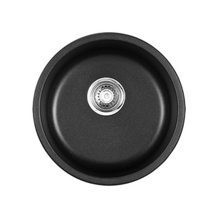A black acrylic-quartz kitchen sink with a single round basin, viewed from above, featuring a round steel strainer