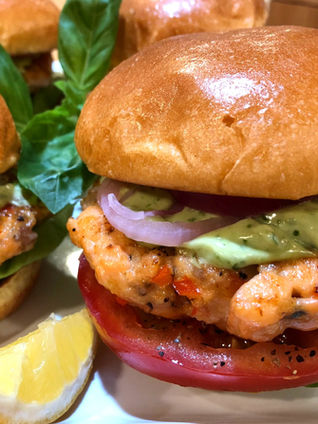 Salmon Burgers with Kale-Mint Pesto Mayo and Pickled Red Onions 